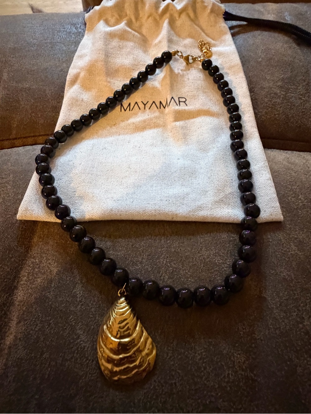Mayamar Black Onyx Necklace with Gold Shell Pendant - Elegant Statement